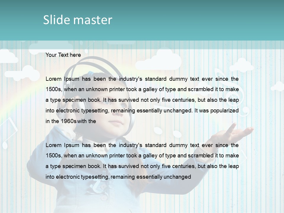 A Little Girl Listening To Headphones With A Rainbow In The Background PowerPoint Template