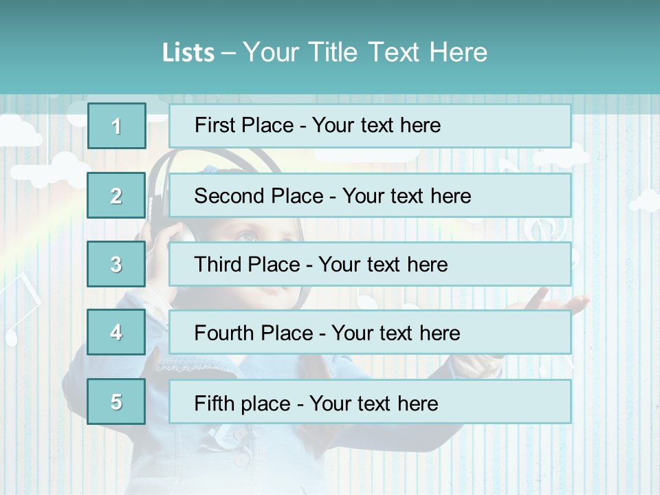 A Little Girl Listening To Headphones With A Rainbow In The Background PowerPoint Template