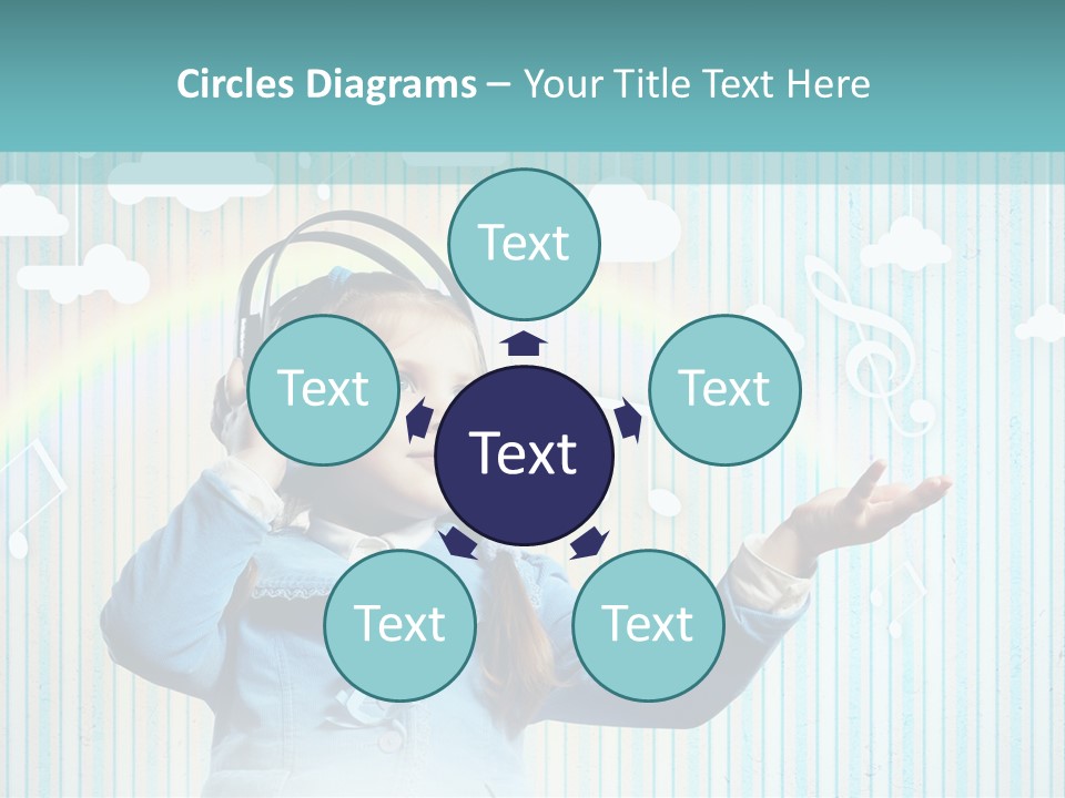 A Little Girl Listening To Headphones With A Rainbow In The Background PowerPoint Template