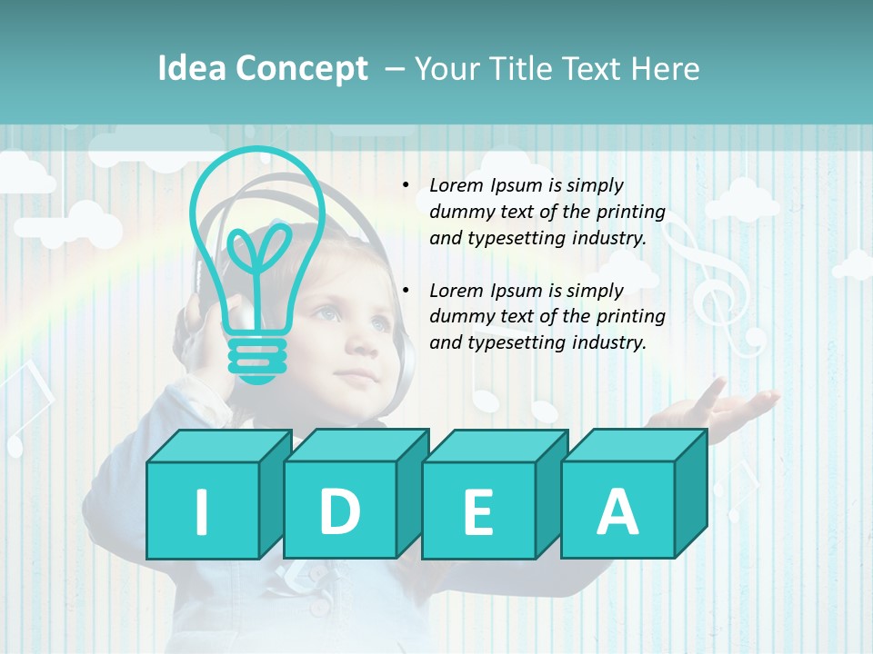 A Little Girl Listening To Headphones With A Rainbow In The Background PowerPoint Template