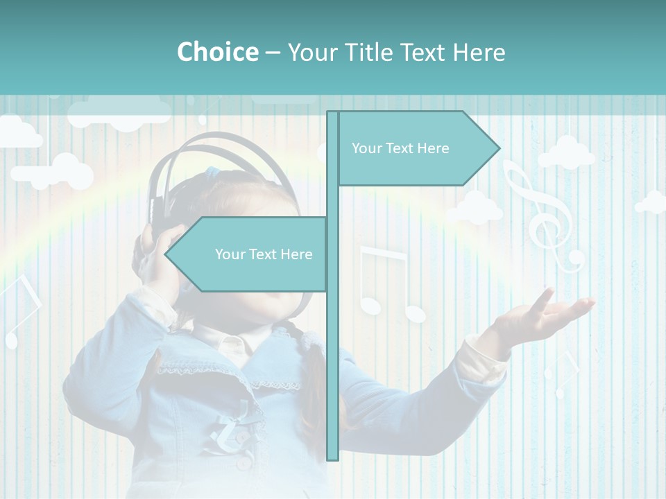 A Little Girl Listening To Headphones With A Rainbow In The Background PowerPoint Template