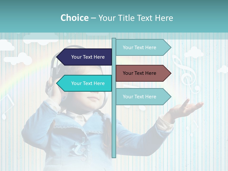 A Little Girl Listening To Headphones With A Rainbow In The Background PowerPoint Template