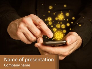 A Person Holding A Cell Phone With A Bitcoin Coming Out Of It PowerPoint Template