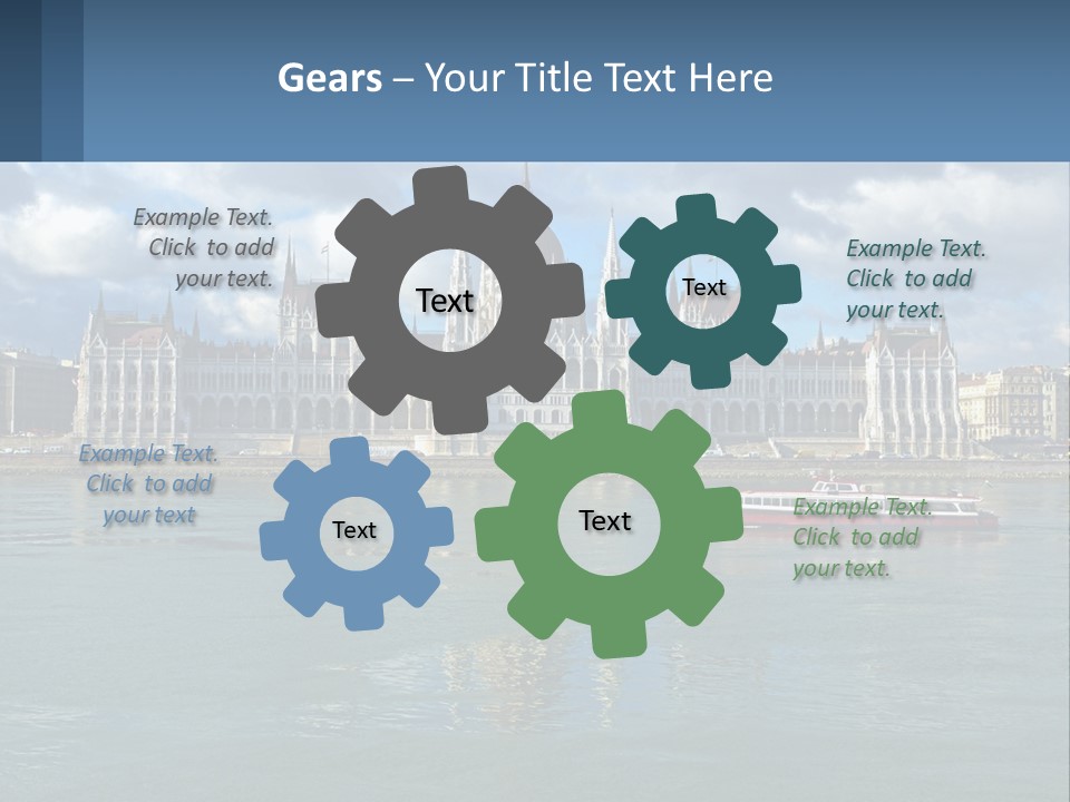 A Red Boat Is In The Water Near A Large Building PowerPoint Template