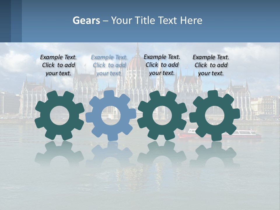 A Red Boat Is In The Water Near A Large Building PowerPoint Template