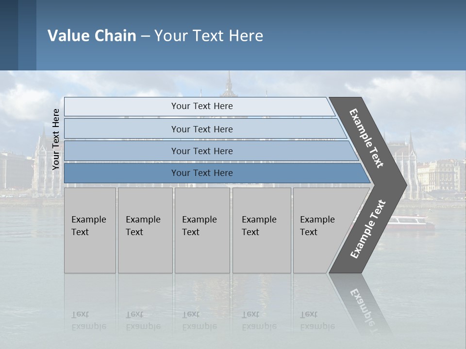 A Red Boat Is In The Water Near A Large Building PowerPoint Template