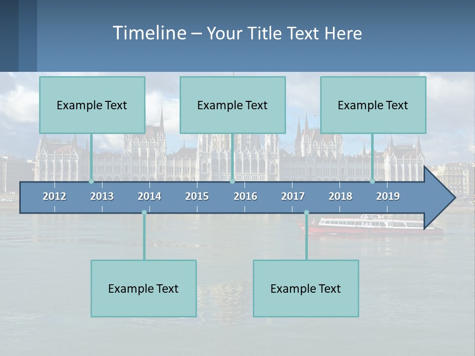 A Red Boat Is In The Water Near A Large Building PowerPoint Template