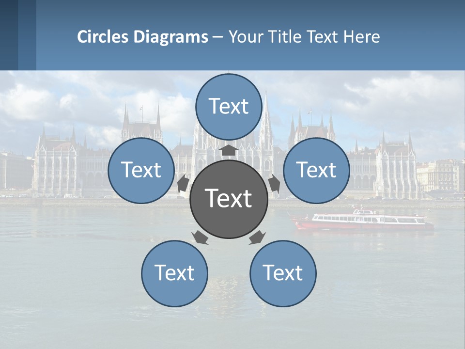 A Red Boat Is In The Water Near A Large Building PowerPoint Template