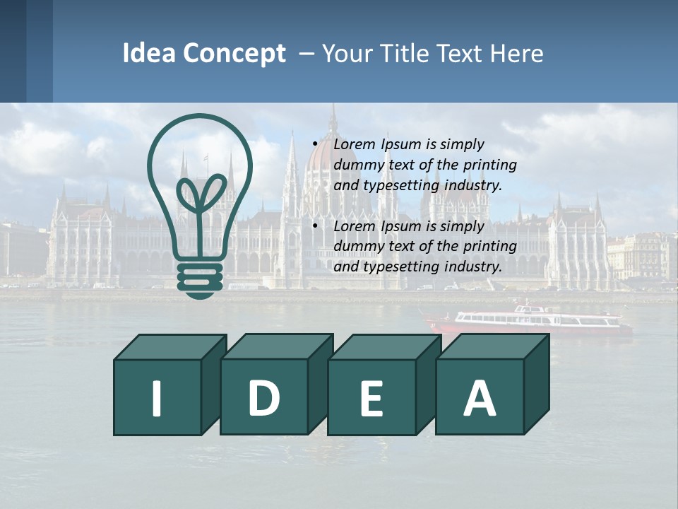 A Red Boat Is In The Water Near A Large Building PowerPoint Template