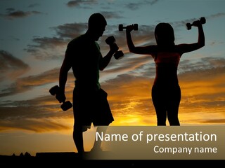 A Man And A Woman Holding Dumb Dumbs In Front Of A Sunset PowerPoint Template