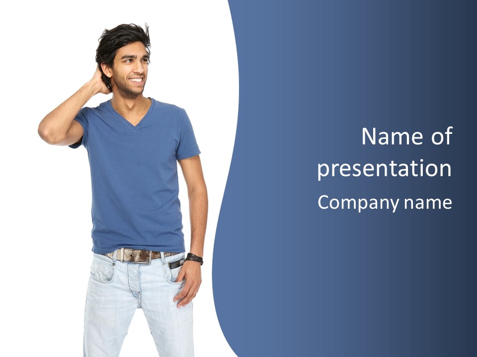A Man In A Blue Shirt Is Talking On A Cell Phone PowerPoint Template