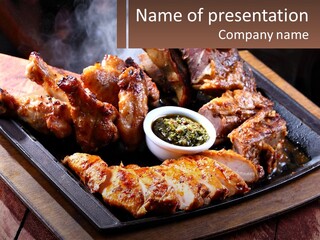 A Plate Of Food With Meat And Sauce On It PowerPoint Template