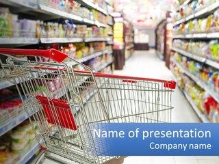 A Shopping Cart In A Grocery Store Aisle PowerPoint Template