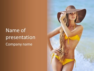 A Woman In A Yellow Bikini And Hat On The Beach PowerPoint Template