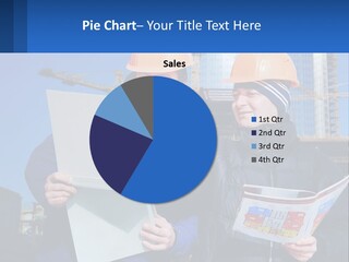 Two Men In Hard Hats Are Looking At A Blueprint PowerPoint Template