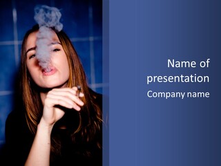 A Woman Smoking A Cigarette With A Blue Background PowerPoint Template