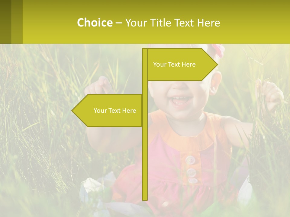 A Little Girl Sitting In The Grass With Her Hands Up PowerPoint Template