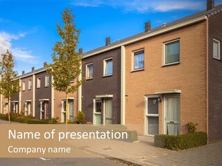 A Row Of Brick Houses With A Blue Sky In The Background PowerPoint Template