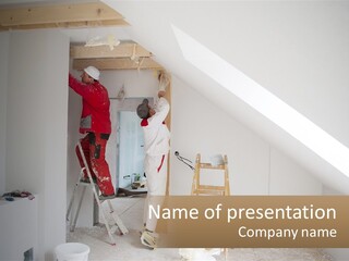 A Couple Of Men Working On A Wall In A Room PowerPoint Template