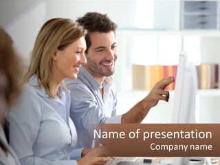 A Man And Woman Looking At A Computer Screen PowerPoint Template