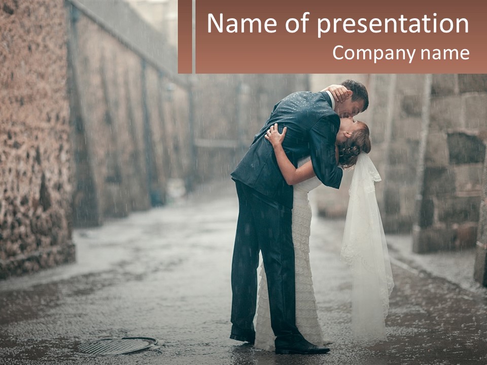 A Man And Woman Kissing In The Rain PowerPoint Template