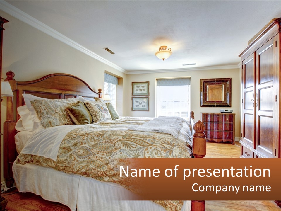 A Bedroom With A Large Bed And A Wooden Dresser PowerPoint Template