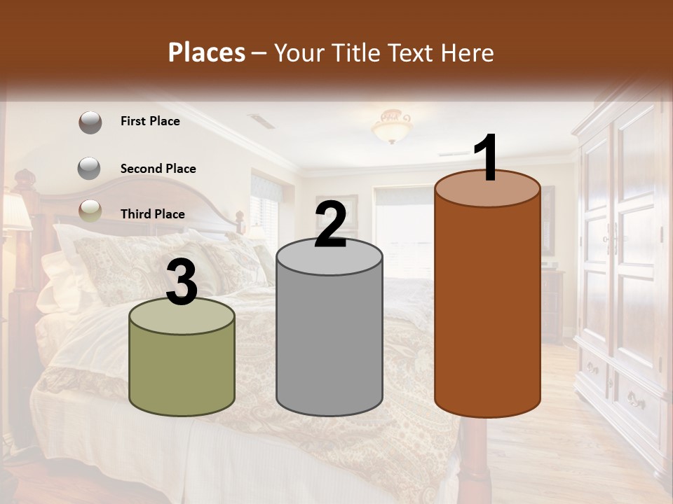 A Bedroom With A Large Bed And A Wooden Dresser PowerPoint Template