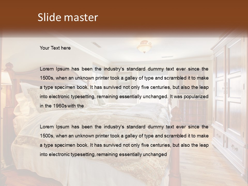 A Bedroom With A Large Bed And A Wooden Dresser PowerPoint Template