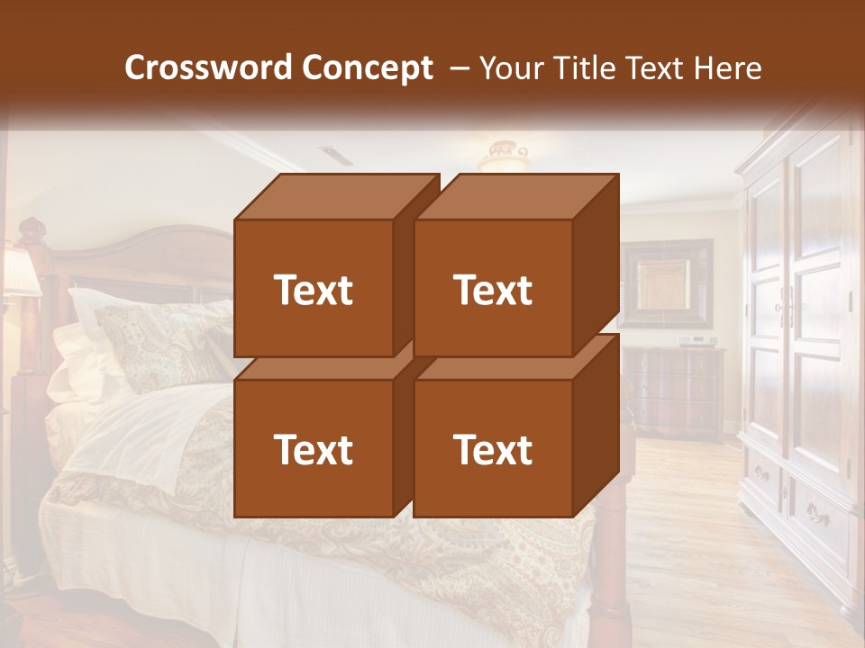 A Bedroom With A Large Bed And A Wooden Dresser PowerPoint Template