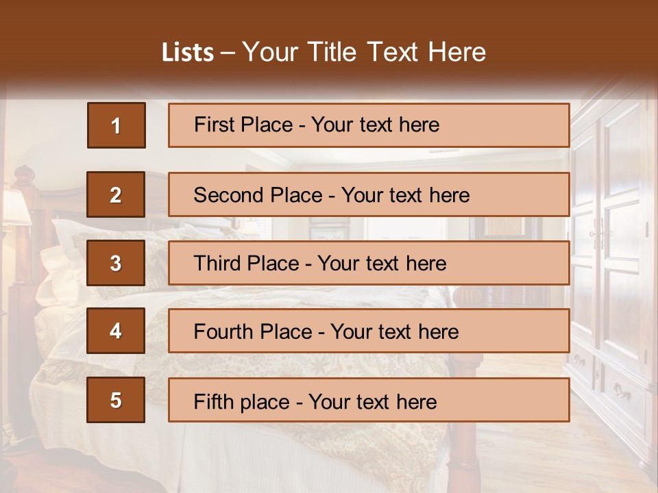 A Bedroom With A Large Bed And A Wooden Dresser PowerPoint Template