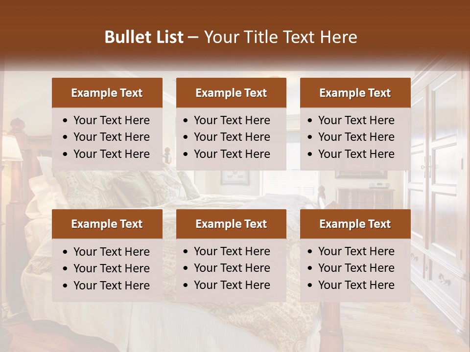 A Bedroom With A Large Bed And A Wooden Dresser PowerPoint Template