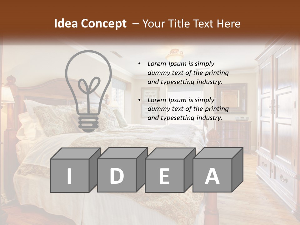 A Bedroom With A Large Bed And A Wooden Dresser PowerPoint Template