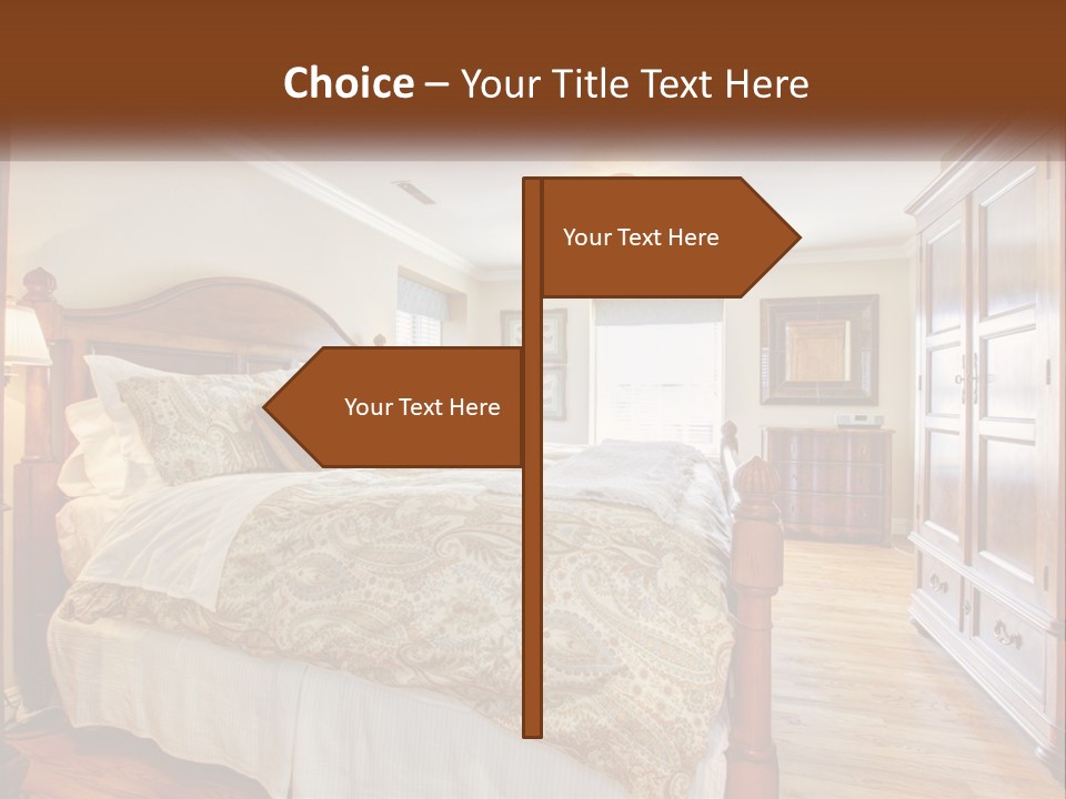 A Bedroom With A Large Bed And A Wooden Dresser PowerPoint Template