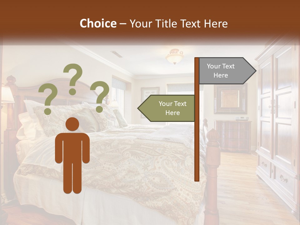 A Bedroom With A Large Bed And A Wooden Dresser PowerPoint Template