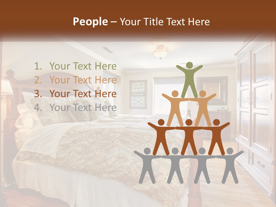 A Bedroom With A Large Bed And A Wooden Dresser PowerPoint Template