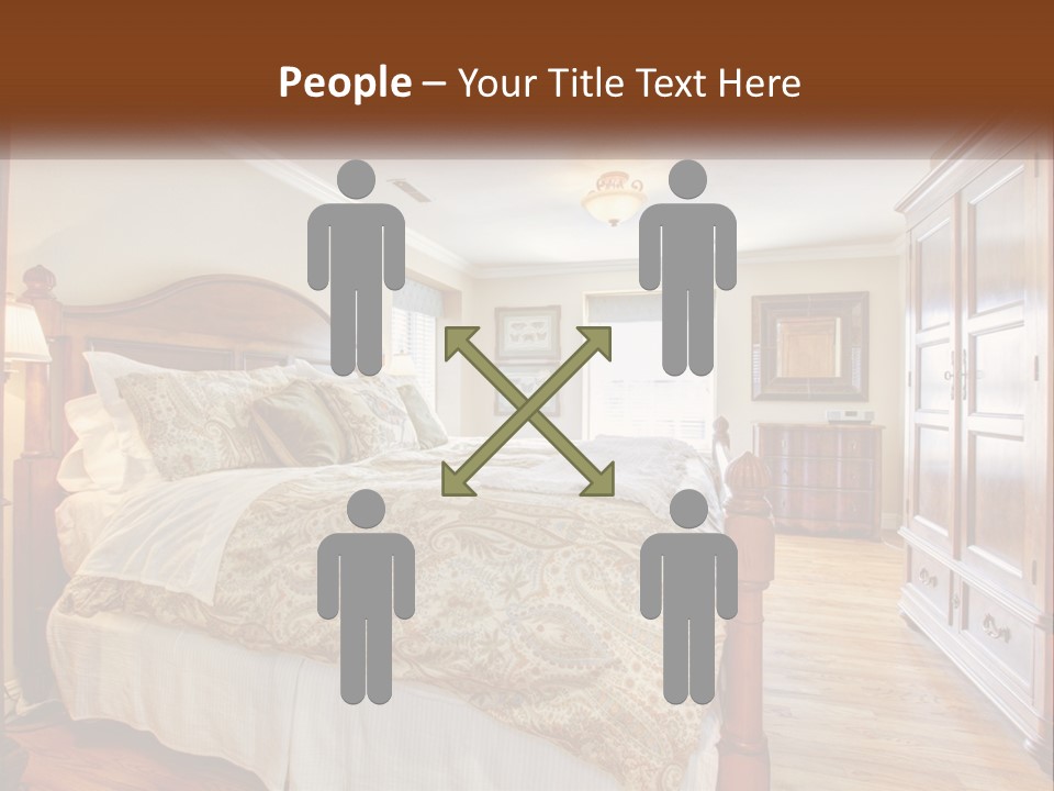 A Bedroom With A Large Bed And A Wooden Dresser PowerPoint Template