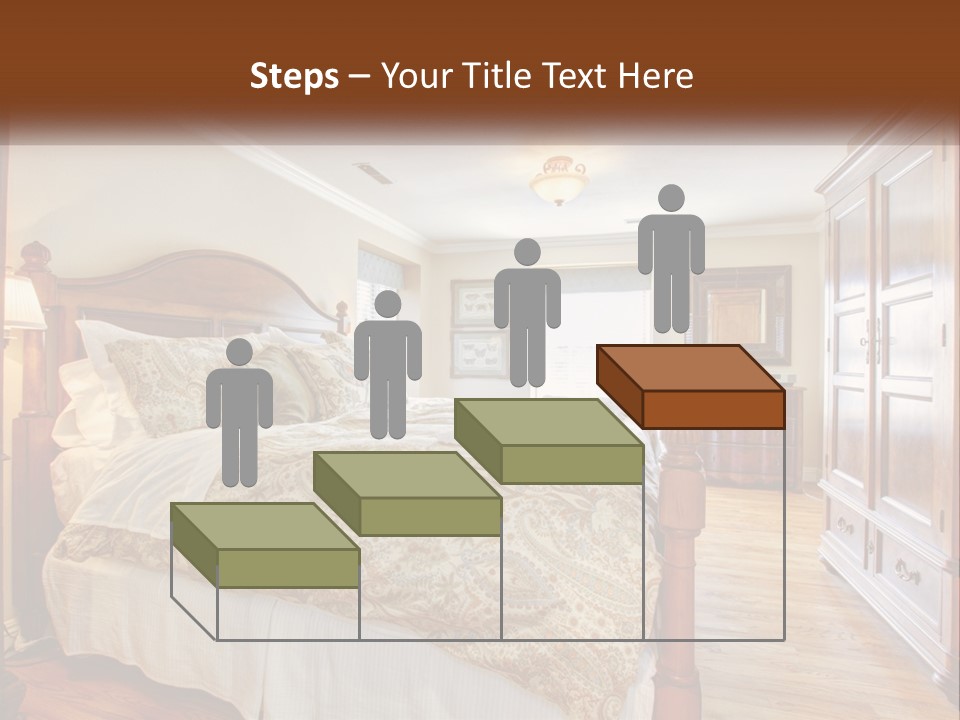 A Bedroom With A Large Bed And A Wooden Dresser PowerPoint Template