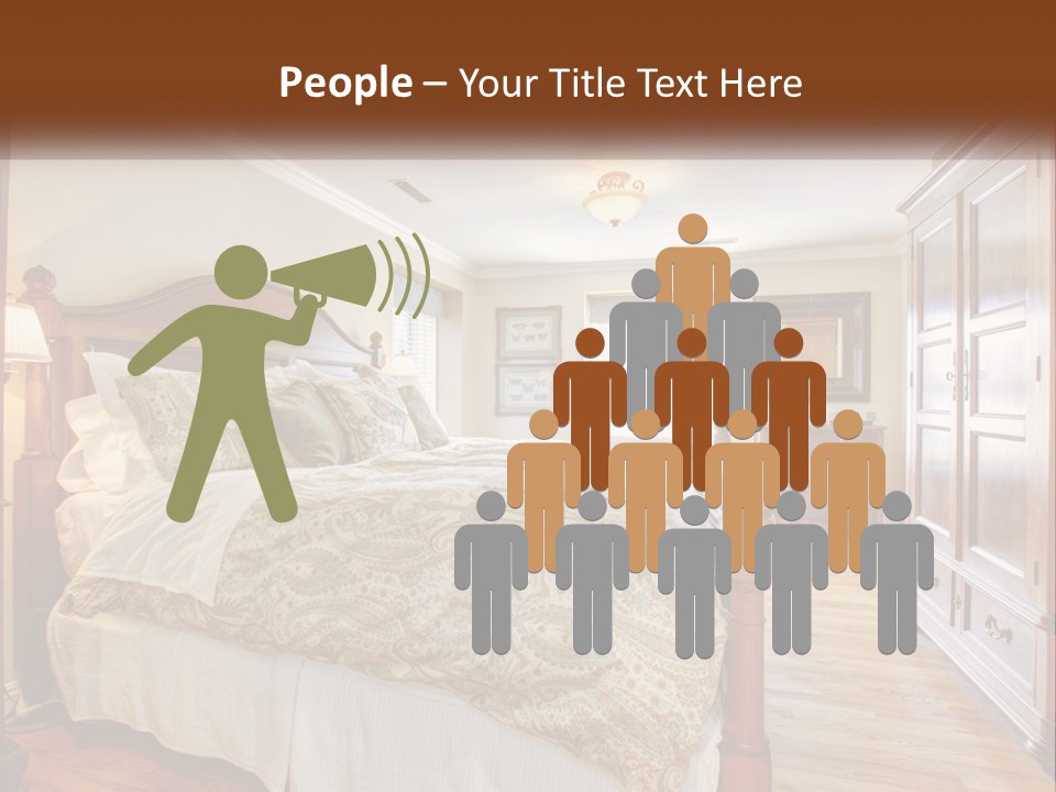 A Bedroom With A Large Bed And A Wooden Dresser PowerPoint Template