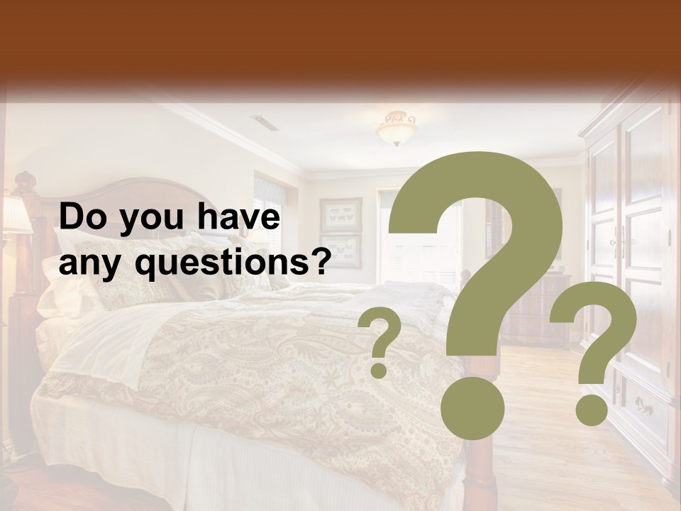 A Bedroom With A Large Bed And A Wooden Dresser PowerPoint Template