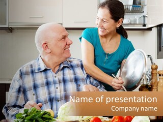 A Man And A Woman Cooking Together In The Kitchen PowerPoint Template