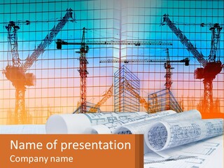 A Construction Site With Cranes And Blueprints PowerPoint Template