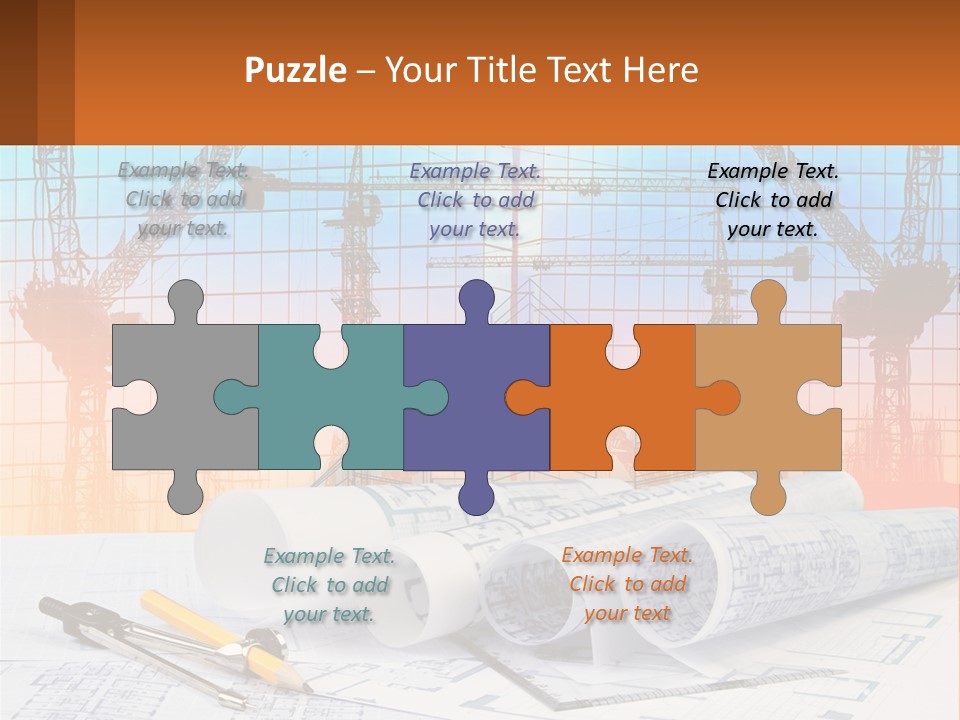A Construction Site With Cranes And Blueprints PowerPoint Template
