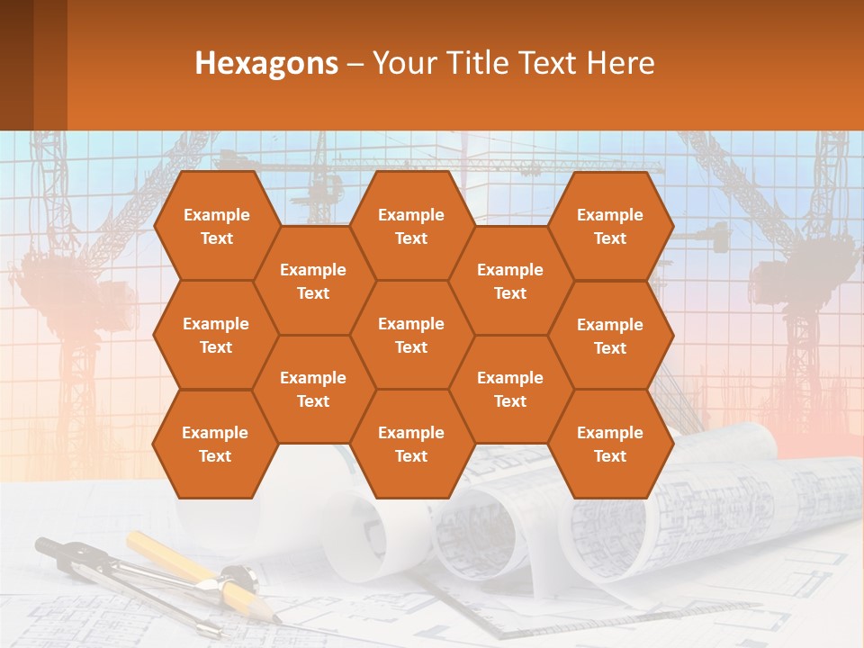 A Construction Site With Cranes And Blueprints PowerPoint Template