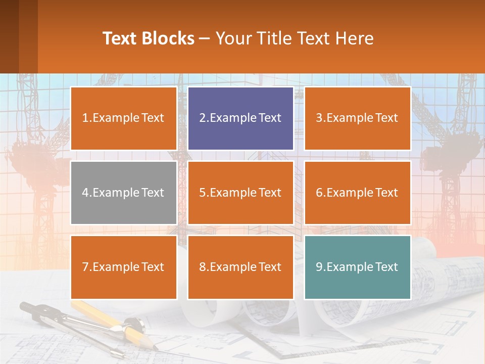 A Construction Site With Cranes And Blueprints PowerPoint Template
