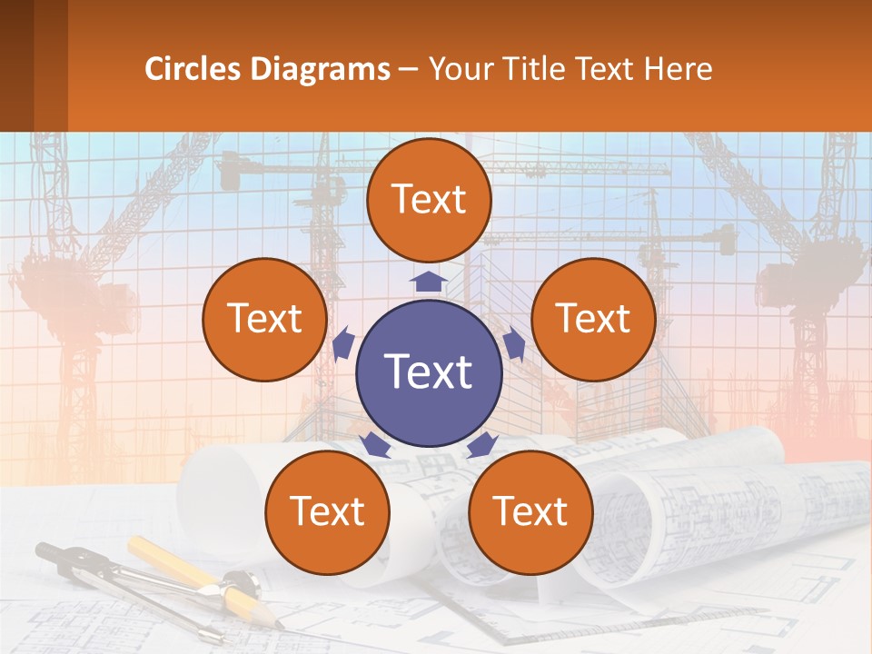 A Construction Site With Cranes And Blueprints PowerPoint Template