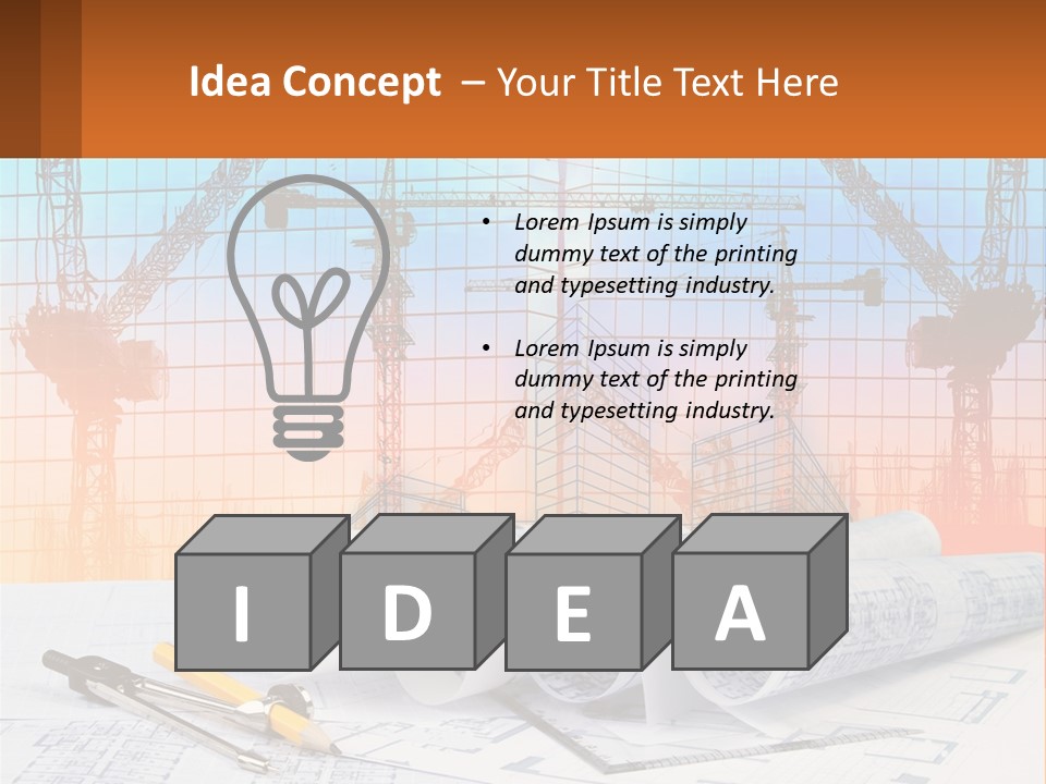 A Construction Site With Cranes And Blueprints PowerPoint Template