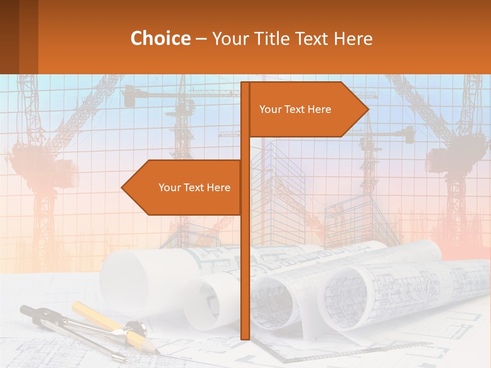 A Construction Site With Cranes And Blueprints PowerPoint Template