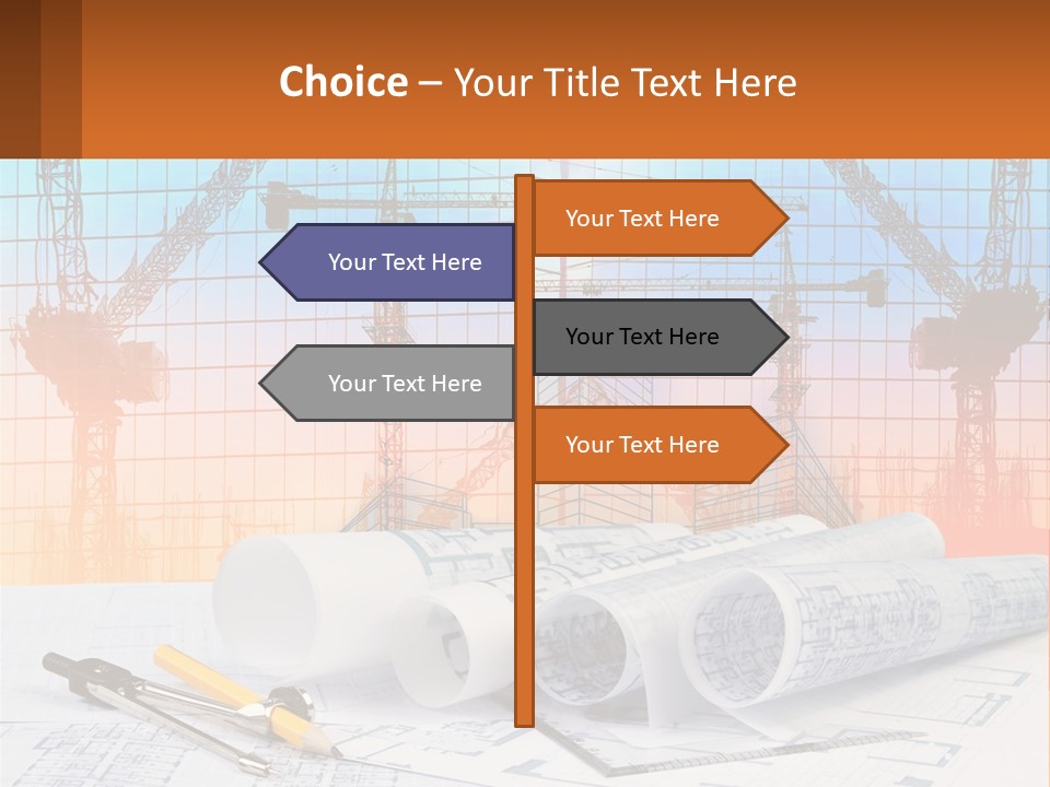 A Construction Site With Cranes And Blueprints PowerPoint Template