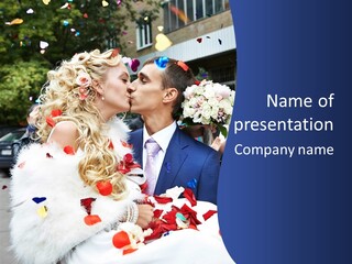 A Bride And Groom Kissing In Front Of Confetti PowerPoint Template