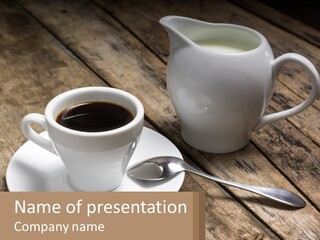 A Cup Of Coffee And A Spoon On A Wooden Table PowerPoint Template